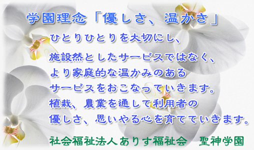学園理念「優しさ、温かさ」 ひとりひとりを大切にし、施設然としたサービスではなく、より家庭的な温かみのあるサービスを行っていきます。植栽、農業を通して利用者の優しさ、思いやる心を育てていきます。